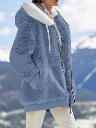 Plush Long Sleeves With Zippered Pockets And Hooded Warm Jacket