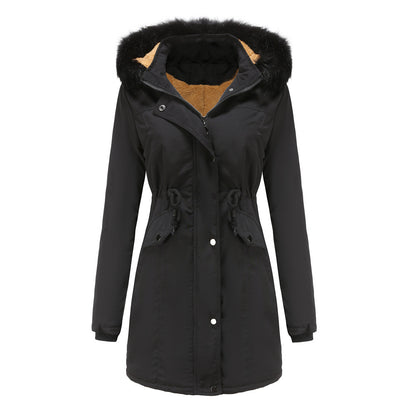Women's Cotton Plus Velvet Detachable Hat Big Fur Collar Coat
