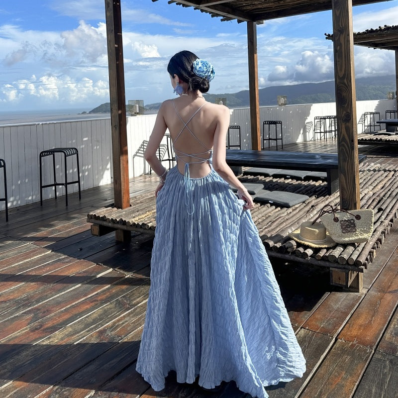 Summer Seaside Waves A Blue Sheer Vacation-style Backless Dress