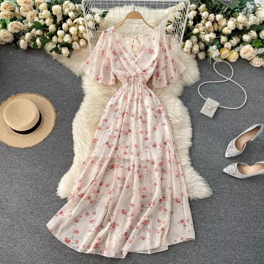 Women's Chiffon Floral V-neck Dress