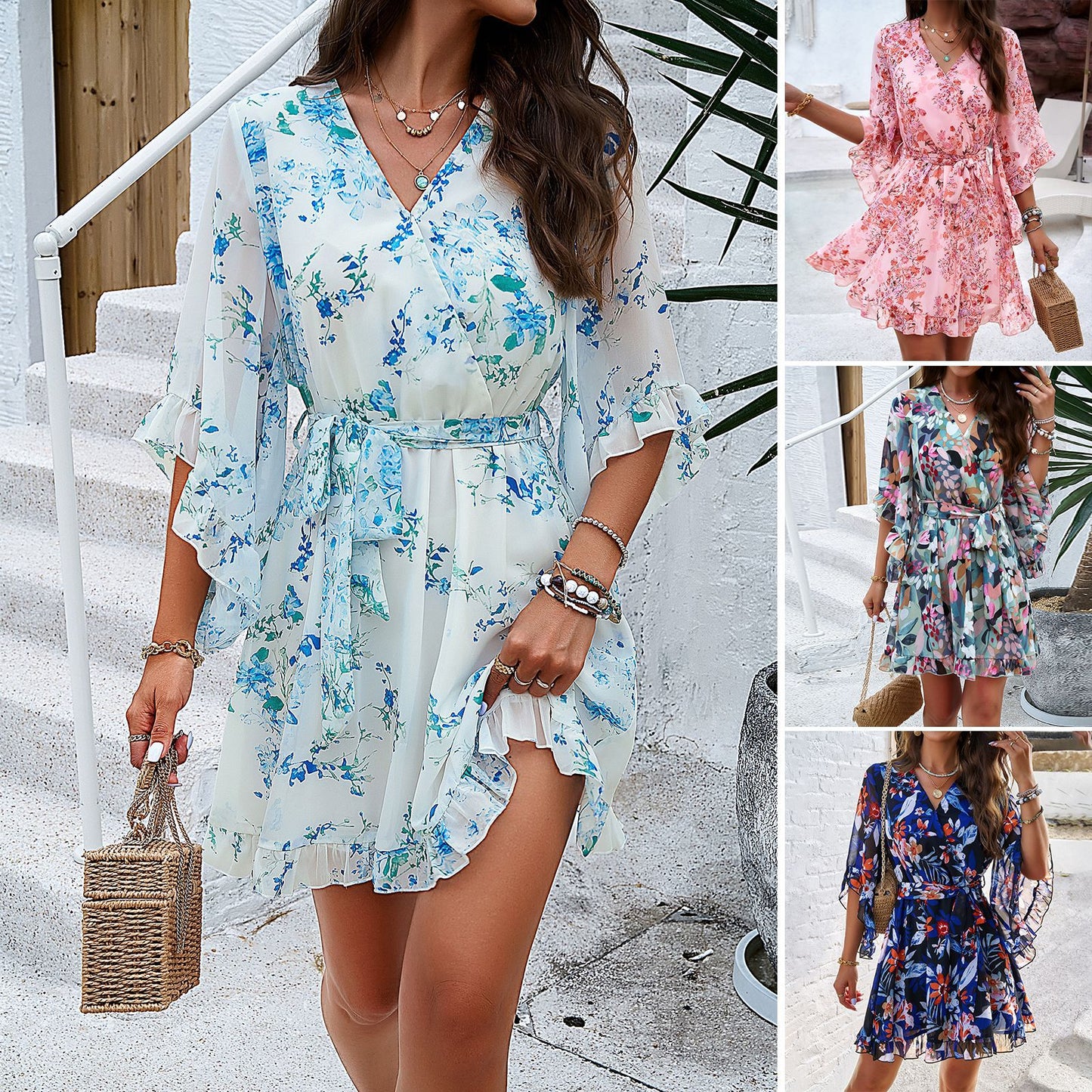 Floral Short Sleeves Dress Lace Up Ruffles