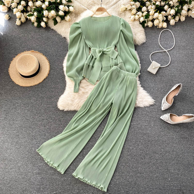 Pleated Chiffon Puff Sleeve Top Wide Leg Pants Set