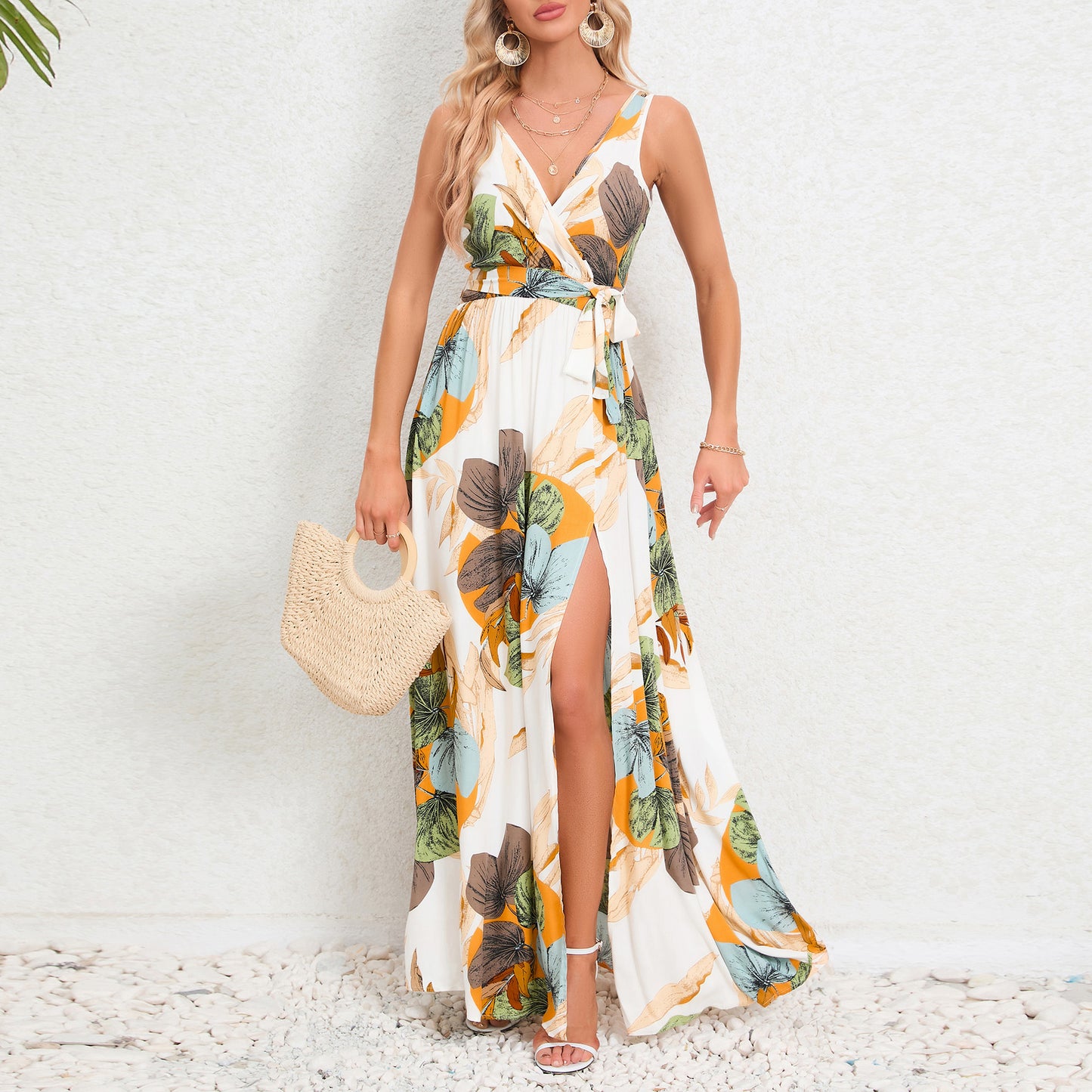 V-neck Floral Print Long Dress Summer Fashion Waist Tie Slit Design.