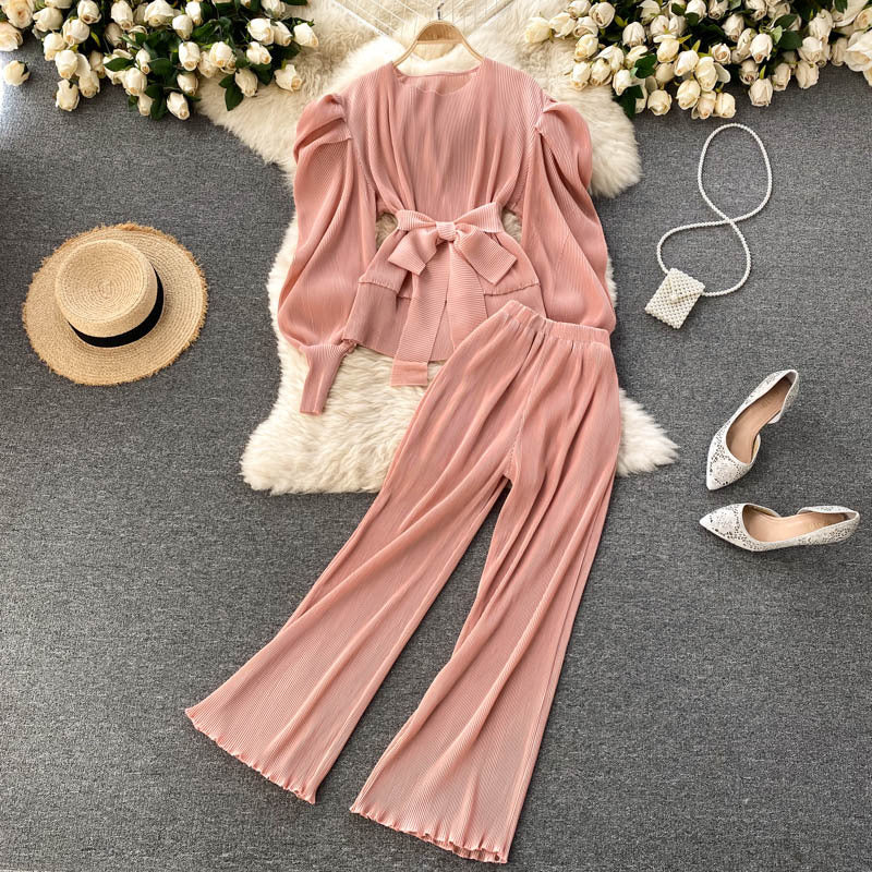 Pleated Chiffon Puff Sleeve Top Wide Leg Pants Set