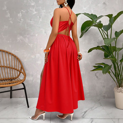 Deep V-neck Drawstring Halter Dress