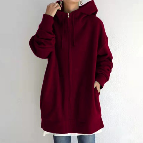 Women Loose Hooded Coats Autumn Female Tie Collar Long Sleeve Zipper Up Add Velvet Long Sweatshirt
