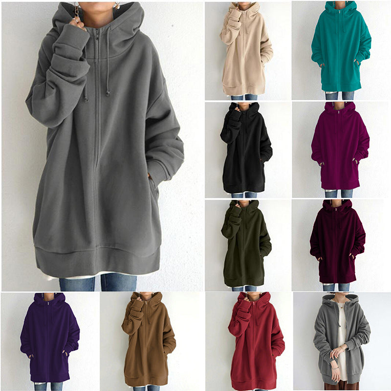 Women Loose Hooded Coats Autumn Female Tie Collar Long Sleeve Zipper Up Add Velvet Long Sweatshirt