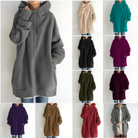 Women Loose Hooded Coats Autumn Female Tie Collar Long Sleeve Zipper Up Add Velvet Long Sweatshirt