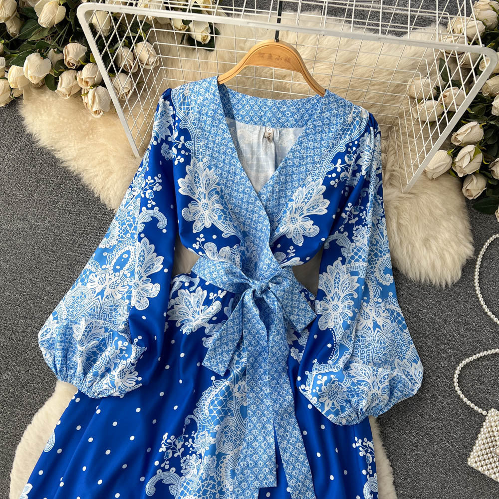 European And American Ins Vintage Court Style Printed Lantern Sleeve V-neck Lace Up Large Swing Dress