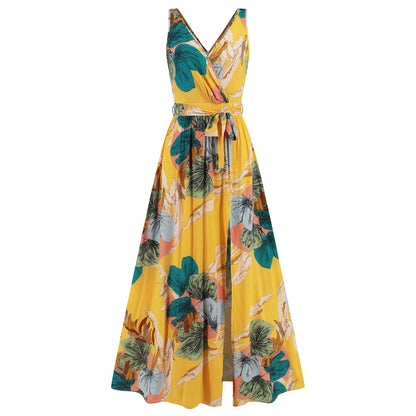 V-neck Floral Print Long Dress Summer Fashion Waist Tie Slit Design.