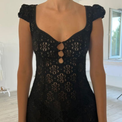 V-neck Short Sleeve Hollow-out Short Dress