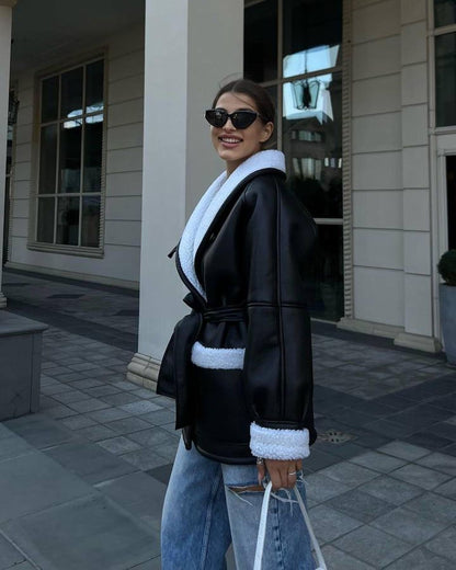 Leather Style Long Sleeve Splicing Coat Women