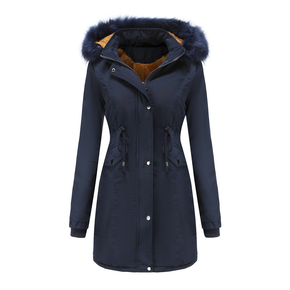Women's Cotton Plus Velvet Detachable Hat Big Fur Collar Coat