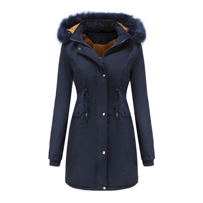 Women's Cotton Plus Velvet Detachable Hat Big Fur Collar Coat
