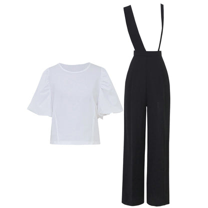 Women's New Simple Short Sleeve Top Straight Bib Two Piece Set