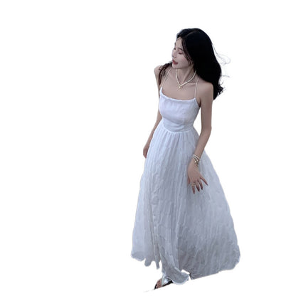 Summer Seaside Waves A Blue Sheer Vacation-style Backless Dress