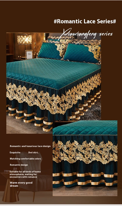 Lace Quilted Rhinestone Velvet Bed Skirt Protective Sleeve