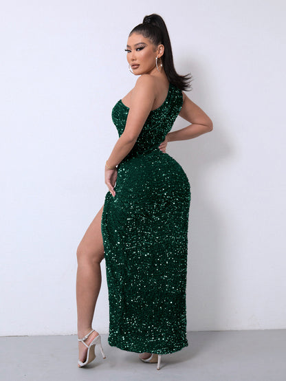 Foreign Trade Sleeveless One Shoulder Slash Neck Sequins Gorgeous Slit Women's Dress