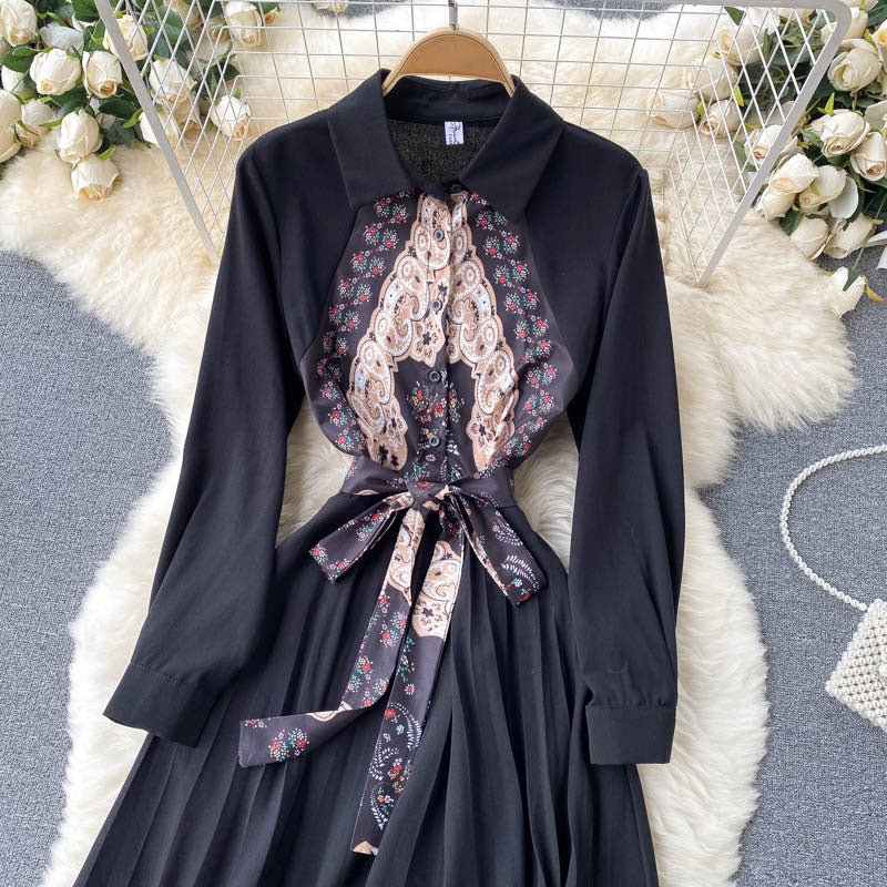 Guochao Retro Print Stitching Mid-length Heavy-duty Pleated Large Swing Slim Long-sleeved Dress