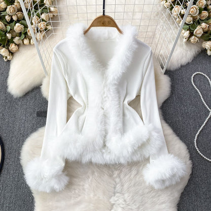 V-neck Stitching Bell Sleeve Slim Slimming And Simple Sweater
