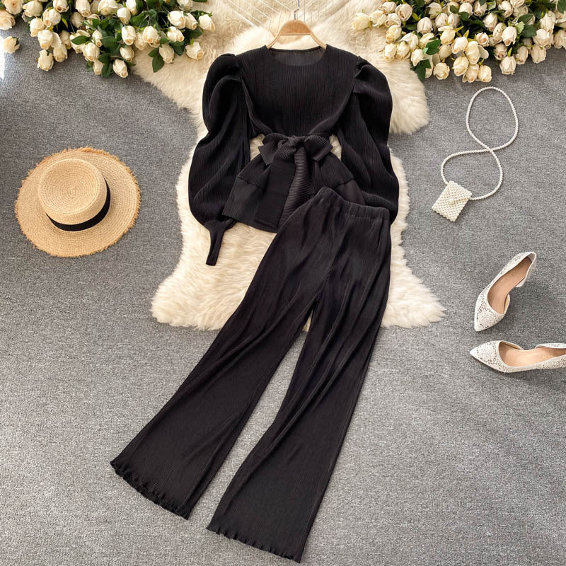 Pleated Chiffon Puff Sleeve Top Wide Leg Pants Set