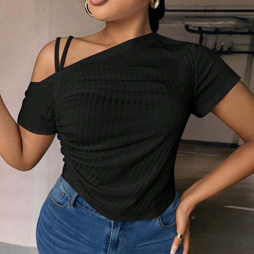 Slim-fit Off-shoulder Diagonal Neckline Solid Color T-shirt