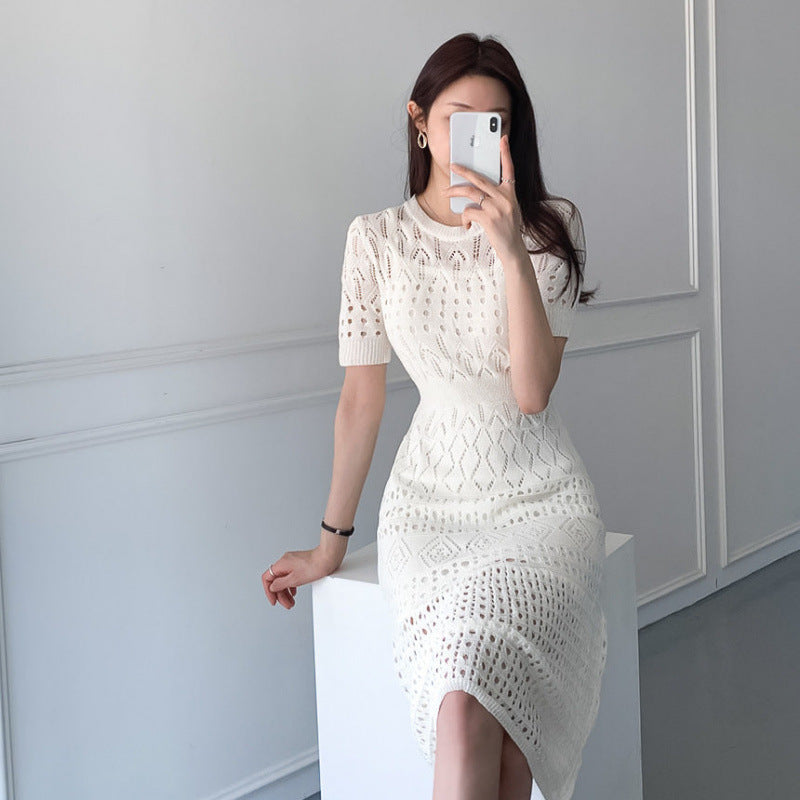 Summer White Short-Sleeve Hollow-Out Knitted Dress For Women