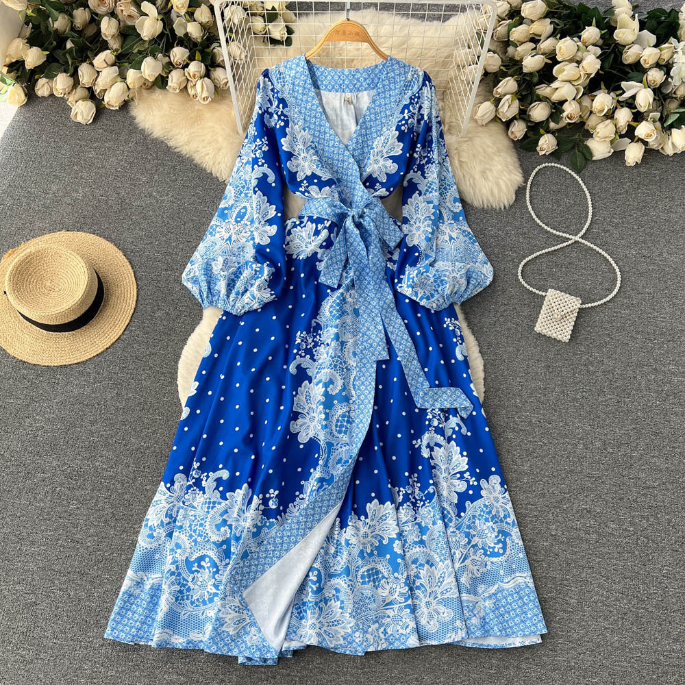 European And American Ins Vintage Court Style Printed Lantern Sleeve V-neck Lace Up Large Swing Dress