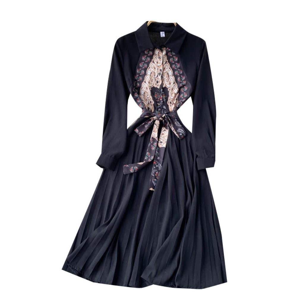 Guochao Retro Print Stitching Mid-length Heavy-duty Pleated Large Swing Slim Long-sleeved Dress