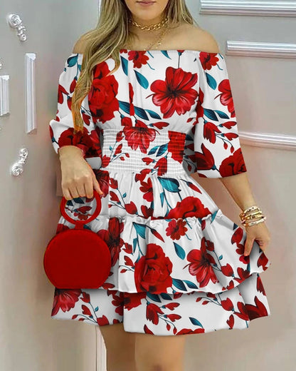 One-shoulder Printed Short And Big Hem Dress