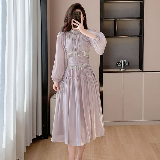 Women's Fashion Tassel Pleated Bright Silk Dress