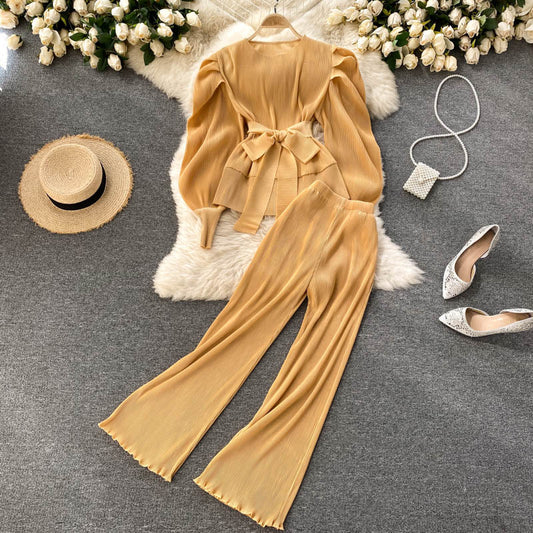 Pleated Chiffon Puff Sleeve Top Wide Leg Pants Set