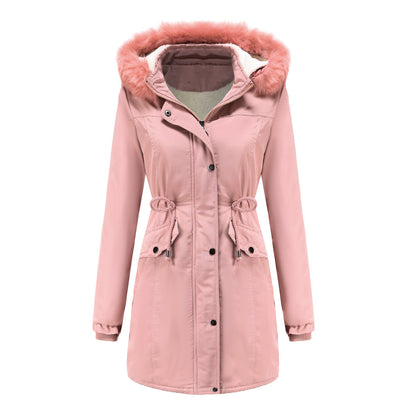 Women's Cotton Plus Velvet Detachable Hat Big Fur Collar Coat