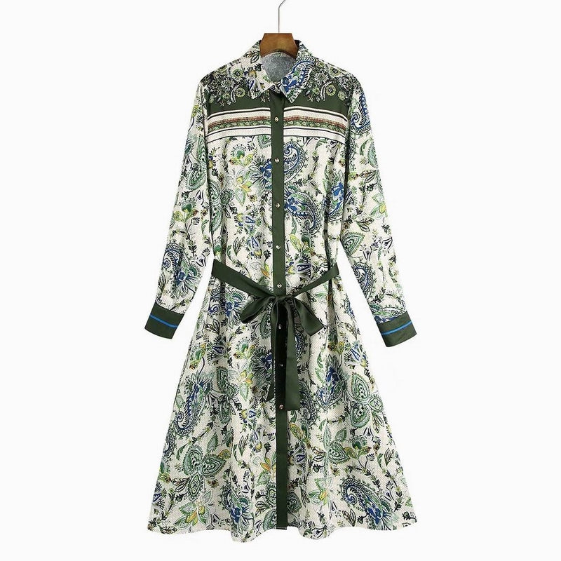 Lapel Positioned Print Nipped Waist Tie Shirt Dress