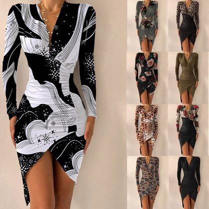 Autumn And Winter Long Sleeve V-neck Printed Tight Split Dress Women's Clothing