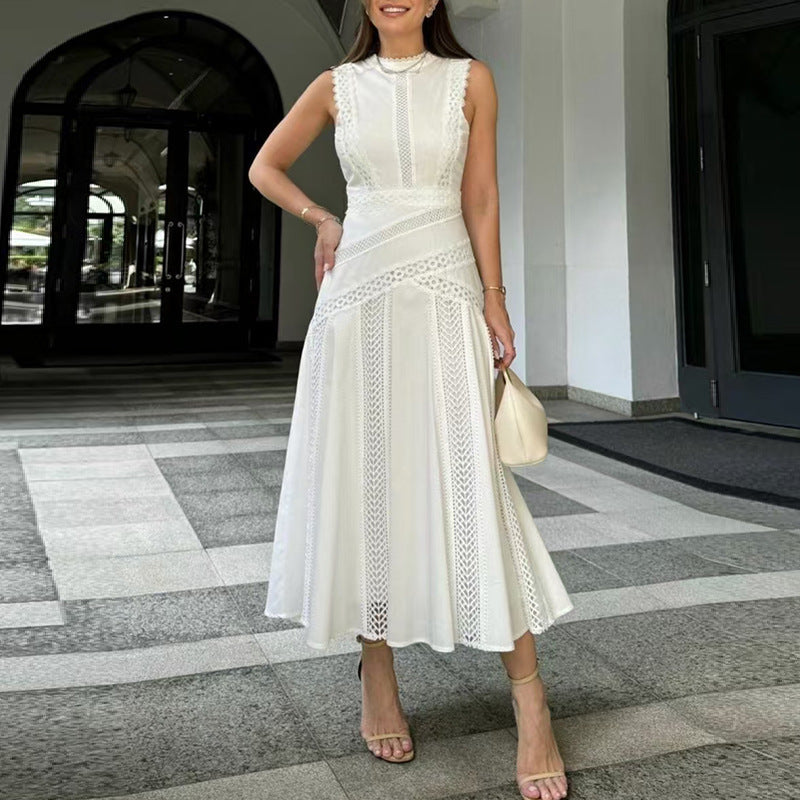 Round Neck Sleeveless Waist Lace Stitching Solid Color Dress