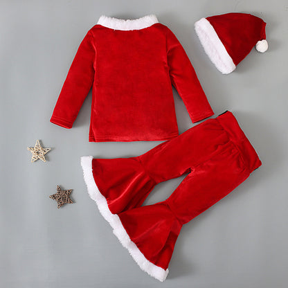 Christmas Plush Suit Top Bell-bottom Pants Hat Three-piece Set