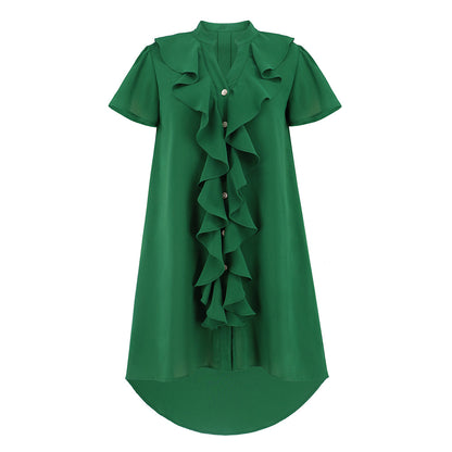 Women's Fashion V-neck Flounce Cardigan Button Shirt Dress