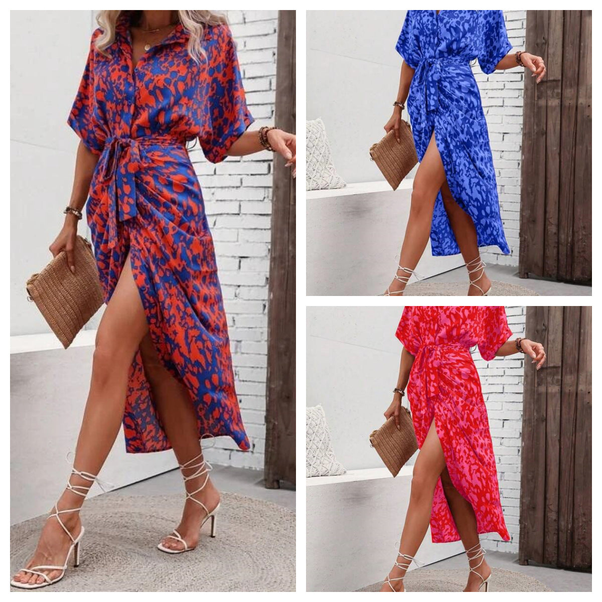 Blotch Print Batwing Sleeve Belt Shirt Dress