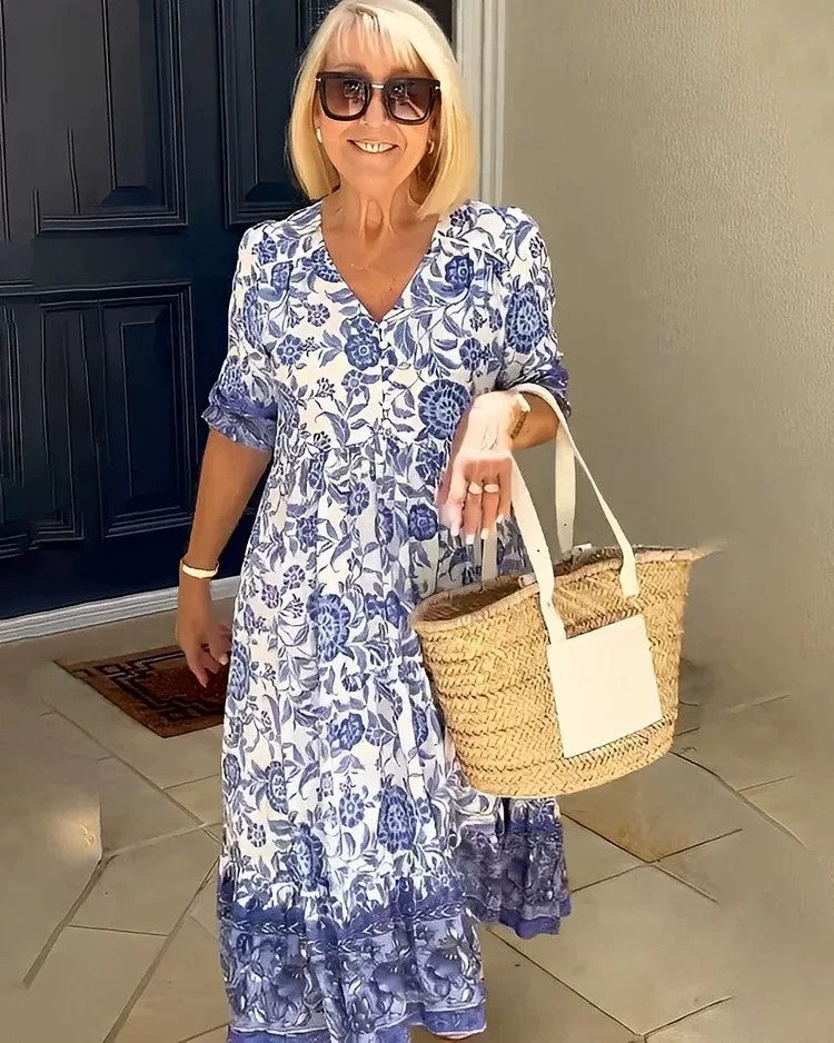 Long Floral Tie Dyed Printed Dress