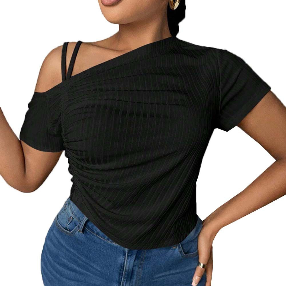 Slim-fit Off-shoulder Diagonal Neckline Solid Color T-shirt