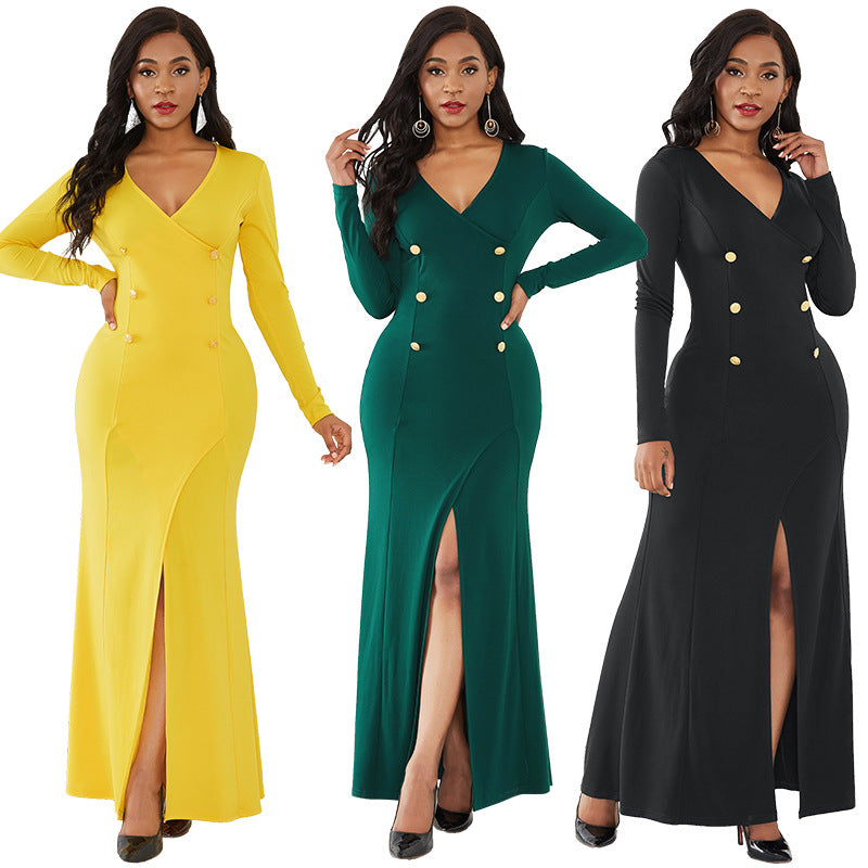 Sexy Party Long Dress V-neck Long-sleeved With Hip Slit