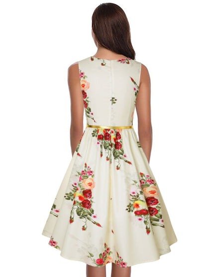 Women's Fashionable Printed Slim-fit Cinched Sleeveless Round Neck Dress