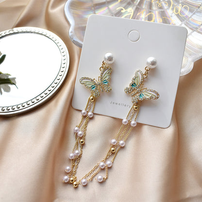 S925 Silver Needle Super Fairy Pearl Tassel Earrings Pearl Butterfly