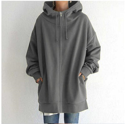 Women Loose Hooded Coats Autumn Female Tie Collar Long Sleeve Zipper Up Add Velvet Long Sweatshirt
