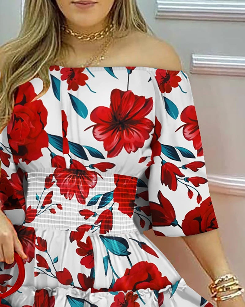 One-shoulder Printed Short And Big Hem Dress