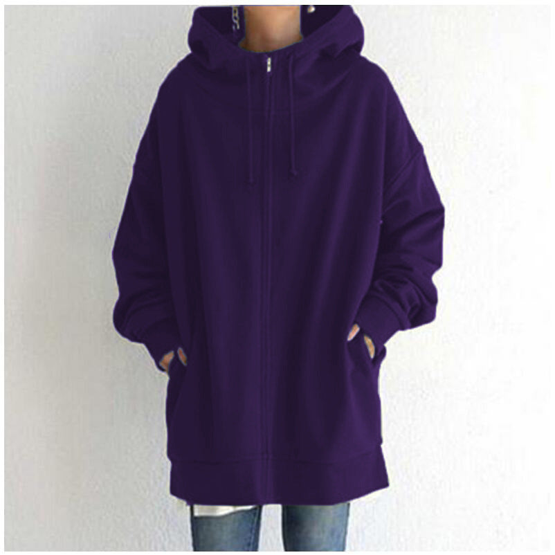 Women Loose Hooded Coats Autumn Female Tie Collar Long Sleeve Zipper Up Add Velvet Long Sweatshirt