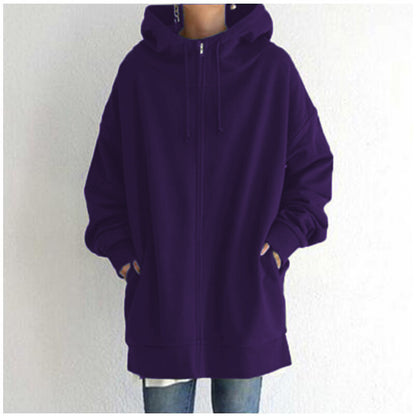 Women Loose Hooded Coats Autumn Female Tie Collar Long Sleeve Zipper Up Add Velvet Long Sweatshirt