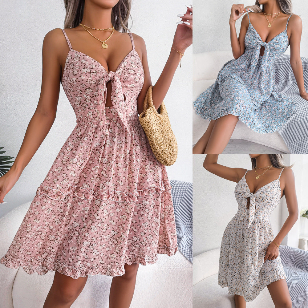 Floral Bow V-neck Ruffled Swing Dress