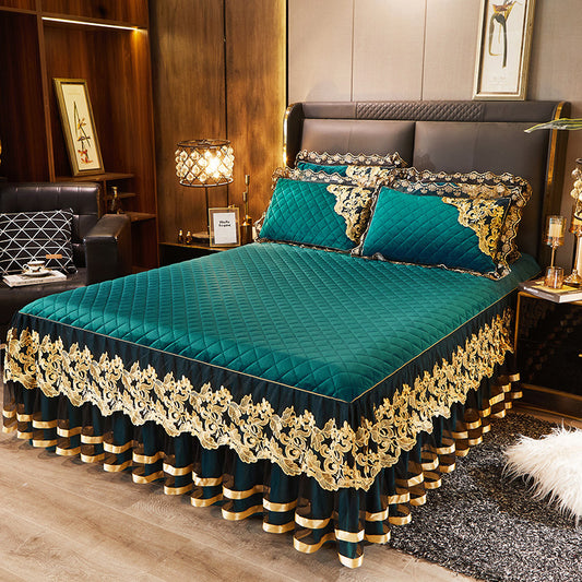 Lace Quilted Rhinestone Velvet Bed Skirt Protective Sleeve